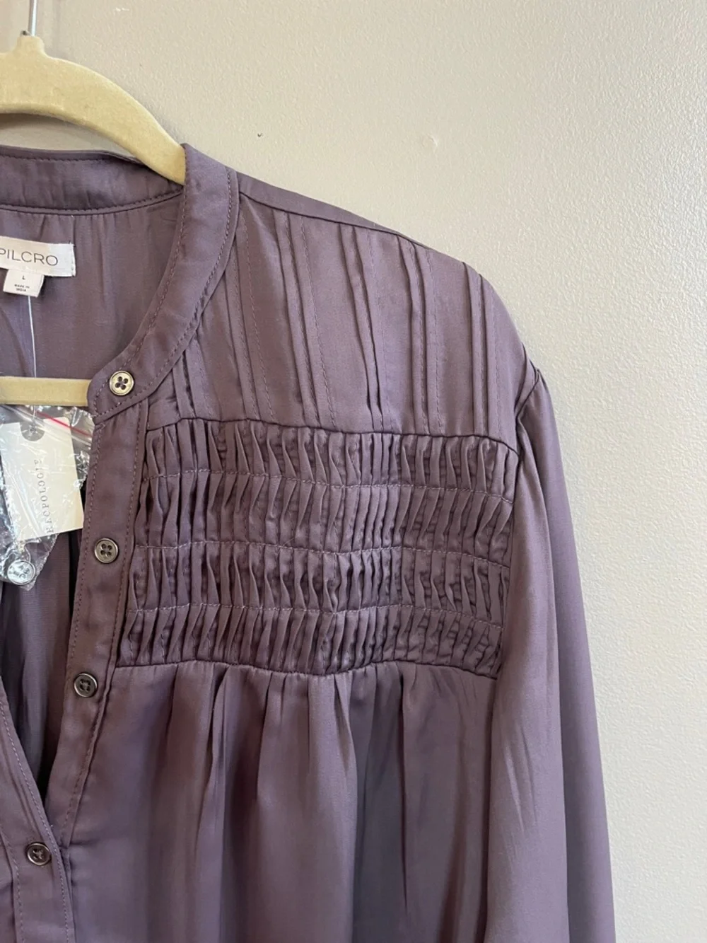 Anthropologie Silky Smocked Yoke Long Sleeve Purple Button down Shirt size large - Picture 8 of 16